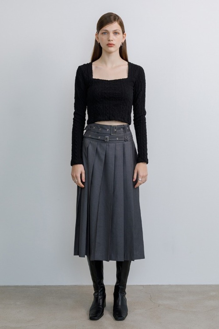 [Sample] Double belted pleats long skirt (gray)