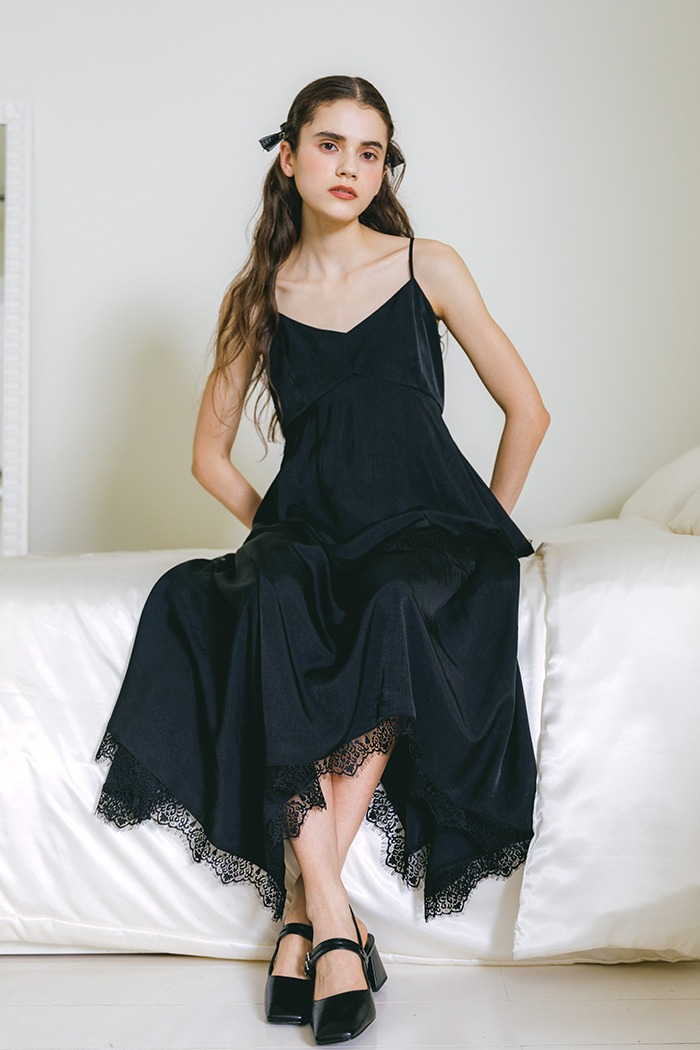 [Sample] Lace frill slip long dress (black)
