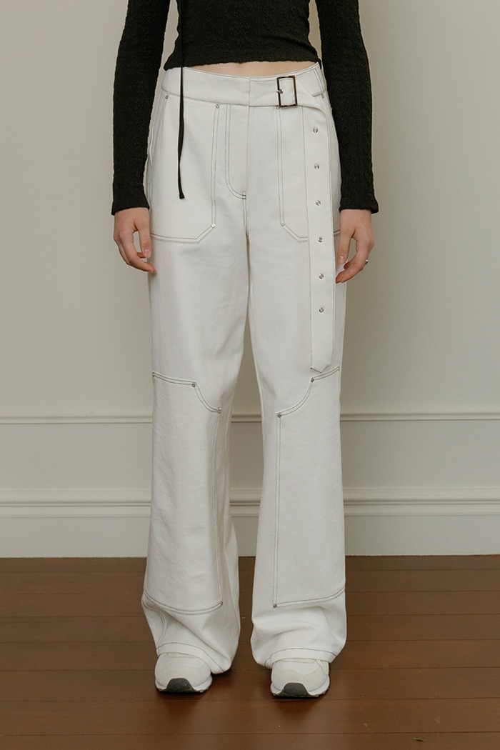 [Sample] Belted stitch denim work pants (ivory)