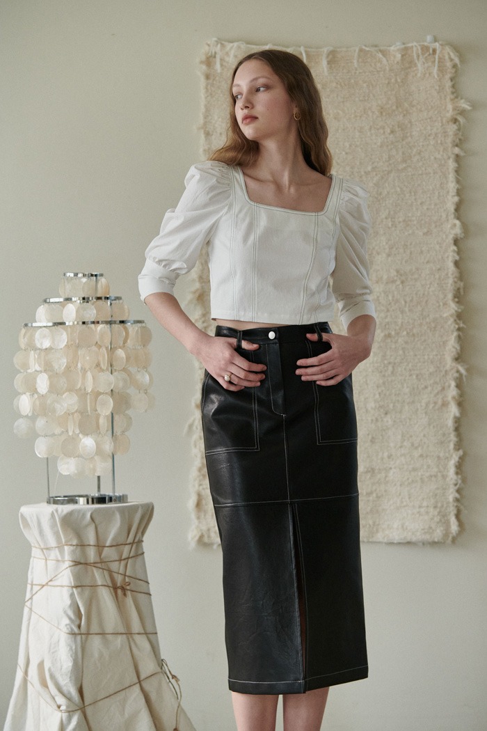 [Sample] Stitch pocket leather skirt (black)