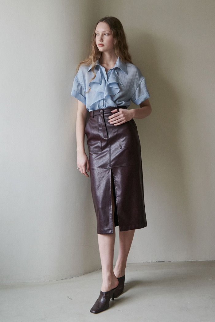 [Sample] Stitch pocket leather skirt (wine)