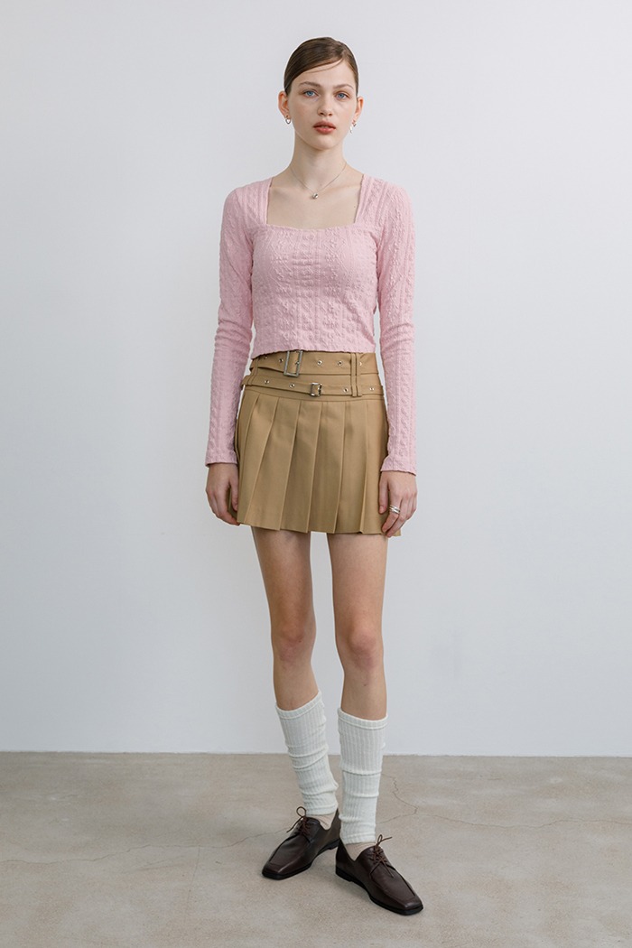 [Sample] Double belted pleats mini skirt (camel)