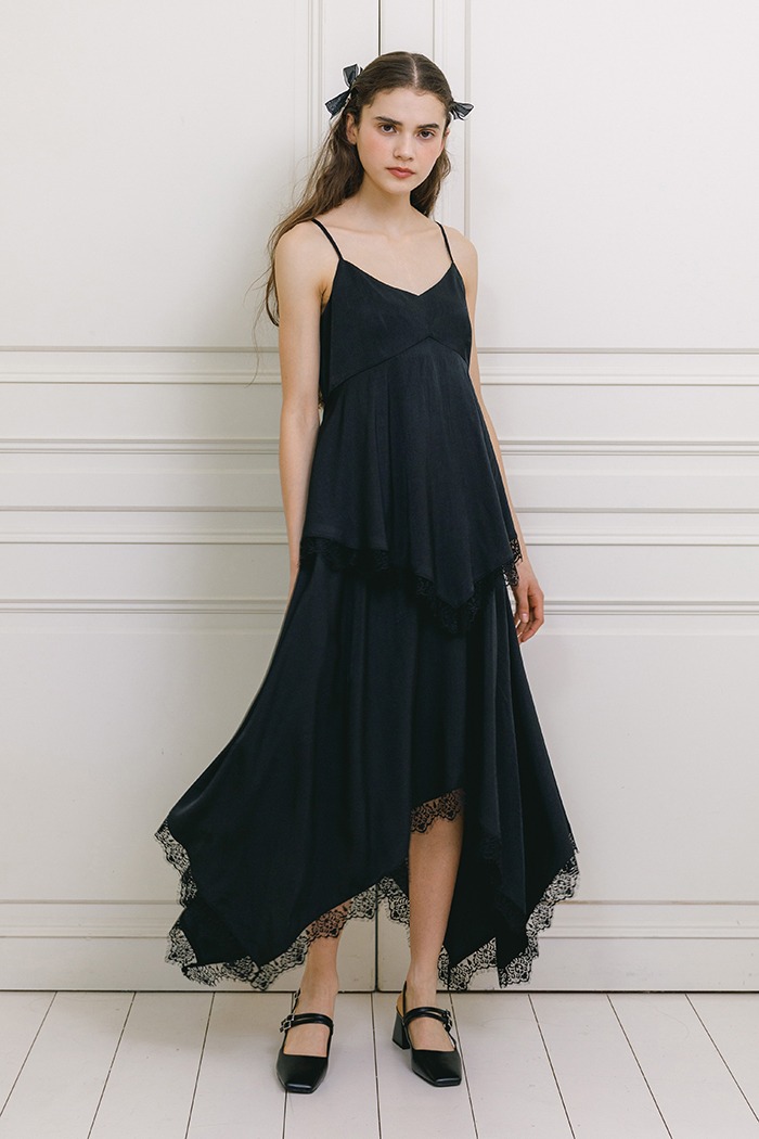 [Sample] Lace frill slip long dress (black)