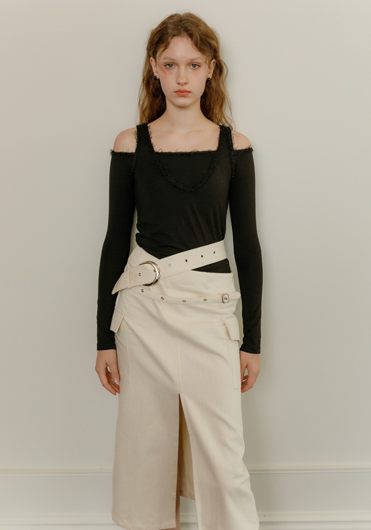 [Sample] Unbalanced belt cargo skirt (cream)