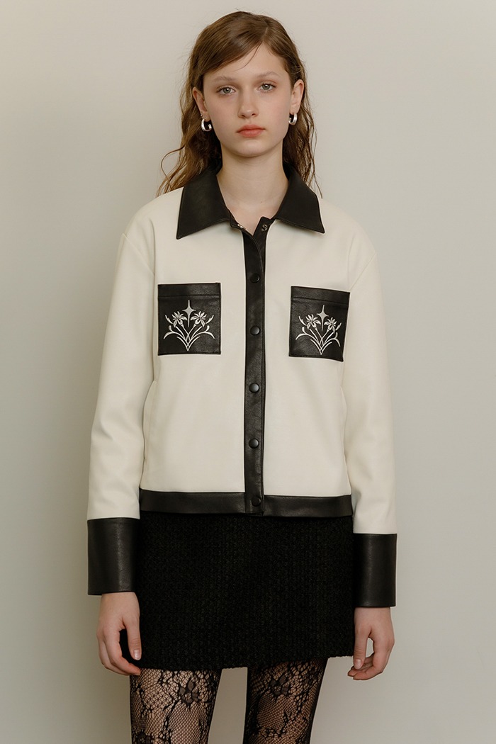 [Sample] Art nouveau embroidery leather jacket (cream)