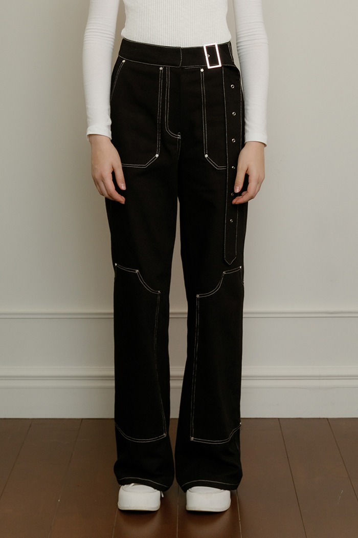 [Sample] Belted stitch denim work pants (black)